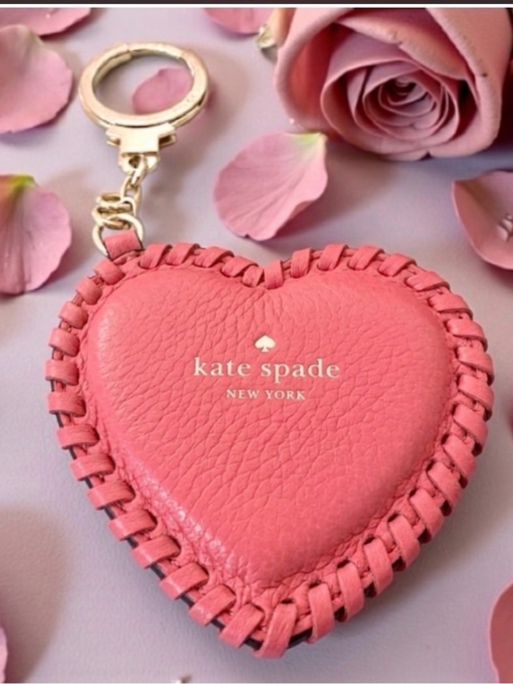 Kate Spade Pink Pebbled Leather Whipstitch Heart Keyring bag-charm like new